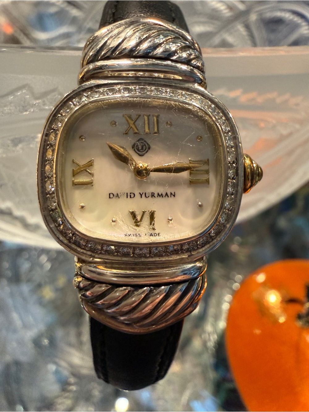 David Yurman Thoroughbred Silver and Gold MOP Dial Cable Watch Diamond Bezel